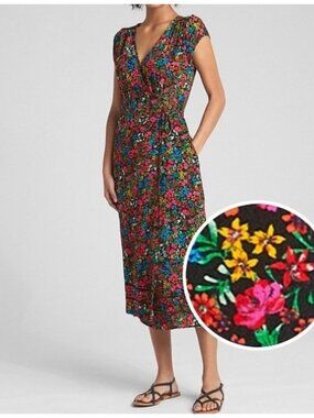 GAP Black Floral Wrap Midi Dress Sz XL Boho Cottagecore Romantic Modest Feminine